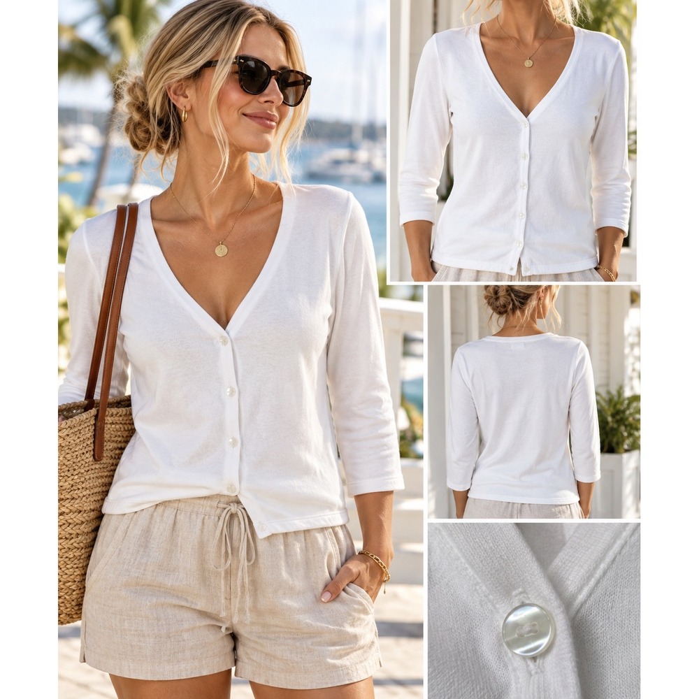 Fresh Produce White Cotton Cardigan XS 3/4 Sleeve Made in USA Coastal